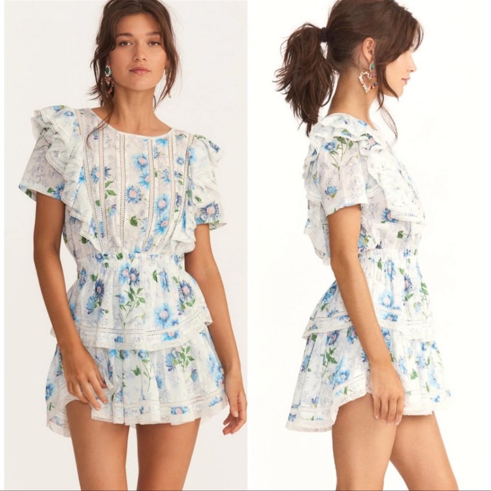 NWT Loveshackfancy blue floral ruffle lace eyelet dress
